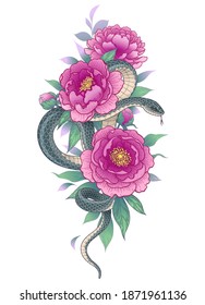 Hand drawn twisted Snake among peony flowers isolated on white. Vertical floral arrangement with serpent and pink peonies.  Vector illustration in vintage style,  t-shirt design, tattoo art.