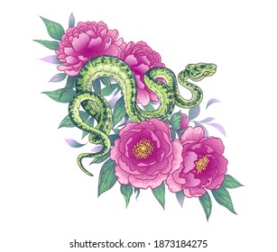 Hand drawn twisted snake among peony flowers isolated on white. Vector spotted green garden boa and pink peonies. Floral illustration in vintage style, t-shirt design, tattoo art.