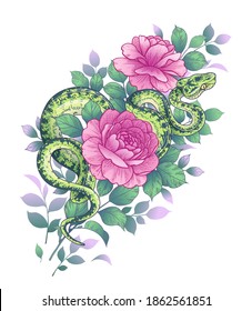 Hand drawn twisted Snake and roses isolated on white. Vector green python and flowers. Floral arrangement in vintage style, t-shirt design, tattoo art.