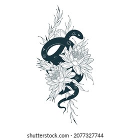 Hand drawn twisted snake with water lilies. Mystical floral vector illustration in vintage style  for tattoo, covers,  t-shirt design, fabrics, notebooks and coloring pages.