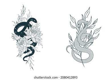 Hand drawn twisted snakes with water lilies and branches. Mystical floral serpent set in vintage style  for tattoo, covers,  t-shirt design, fabrics, notebooks and coloring pages.