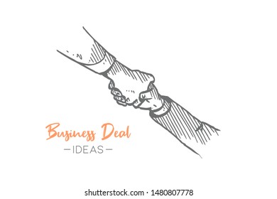 Hand drawn of two arm hands wearing long work shirt and suit handshake each other as a symbol of agreement. Business deal sketch concept. Isolated vector illustration design with white background