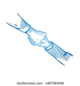 Hand drawn of two arm hands wearing long work shirt and suit handshake each other as a symbol of agreement. Business deal sketch concept. Isolated vector illustration design with white background