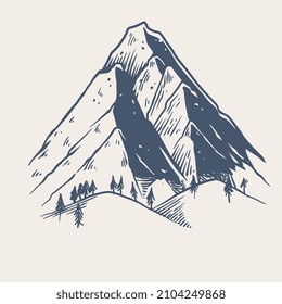 Hand drawn of two big rock Mountain with small pine trees in the mountains. Perfect for banner, poster and sticker.