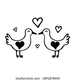 Hand drawn two bird in love with hearts happy. Vector cute doodle element for valentines day, wedding design, romantic, love. Isolated on white background. 