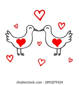 Hand drawn two birds in love with red hearts. Vector cute doodle element for valentines day, wedding design, romantic, love. Isolated on white background. 