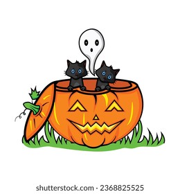 Hand drawn two black cute cats hiding inside a big pumkin, halloween fun, cartoon and funny, scary characters,  big orange pumpkins and white spooky ghost