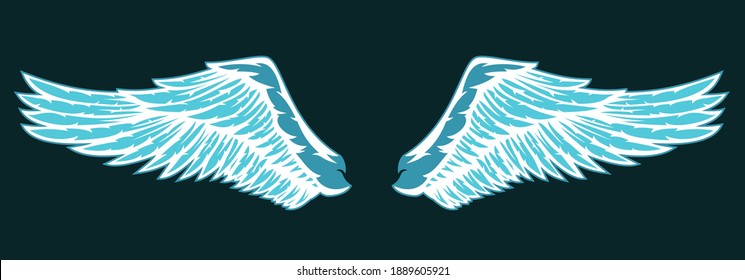 Hand drawn two blue wing with feathers isolated on dark background. Cartoon design element for tattoo, label, branding. Vintage vector illustration.