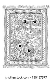 Hand drawn two cat in frame. Sketch for anti-stress adult coloring book in zen-tangle style. Vector illustration for coloring page or for t-shirt design.