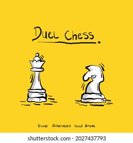 Hand drawn of two chess piece. Doodle queen and horse chess vector illustration