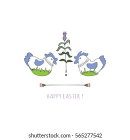 Hand drawn  two chickens isolated on the background. A unique decoration for greeting card or other kind of design. Vector illustration.