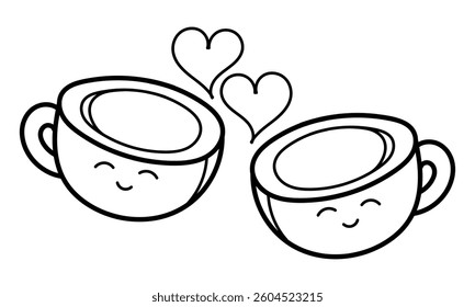hand drawn two coffee cups with smiling faces and heart shaped smoke in the middle on a white background