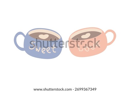 Hand drawn two coffee mugs with heart shapes on the coffee surface and the lettering Sweet Love. Colorful flat vector Love symbols holiday clipart. Valentine's Day concept