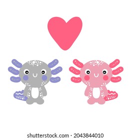 Hand drawn two cute axolotls with heart. Perfect for T-shirt, textile and prints.  Cartoon style vector illustration for decor and design.
