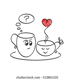 Hand drawn two cute cups of coffee/ tea