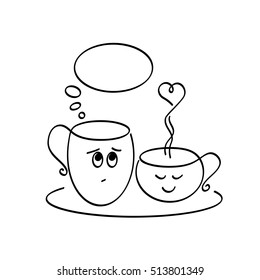 Hand drawn two cute cups of coffee/ tea