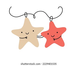 Hand dibujó dos adorables juguetes de estrellas amores felices. Pareja para el árbol de Navidad. Feliz Navidad y feliz año nuevo contorno ilustración aislada para la celebración de las vacaciones de invierno.