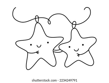 Hand drawn two cute happy lover star toys. Line couple toys for Christmas tree. Merry xmas and Happy New Year contour isolated illustration for the celebration of winter holidays.