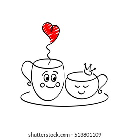 Hand drawn two cute in love cups of coffee/ tea