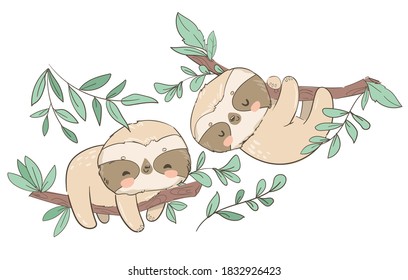 Hand drawn two cute sloths having fun on a branch with leaves isolated on white background childish vector illustration