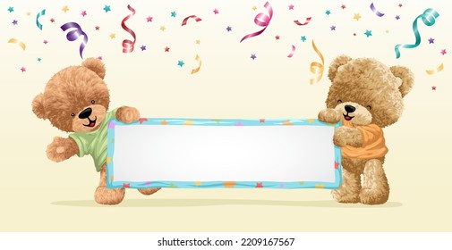 Hand drawn two cute teddy bear cartoon holding blank banner