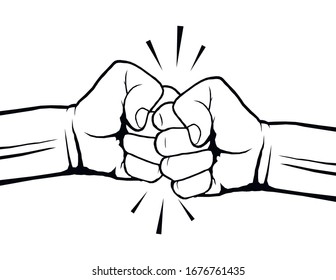 La mano dibujada de dos puños chocando juntos. Concepto de trabajo en equipo, asociación, amistad, pasión o conflicto, confrontación, resistencia, competencia, lucha. Ilustración del vector