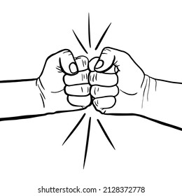 Hand drawn two fists bumping together. Vector sketch of two hands with fists. Collision and fight concept. Illustration in outline, doodle style