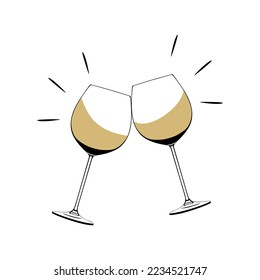 Hand drawn Two glasses of champagne isolated. Vector illustration glasses of champagne. Merry Christmas and Happy New Year design element