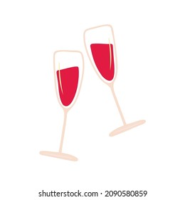Hand drawn two glasses of red wine isolated on a white background. Doodle, illustration in a simple flat style. It can be used for decoration of textile, paper and other surfaces.