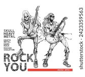 Hand Drawn Of Two Guys Skeleton Musician Rocker Playing Guitar Images, Illustration, Poster, Postcard, Vector , Tshirt, ceramic. 