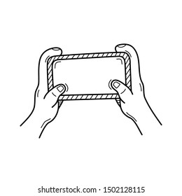 Hand drawn Two Hands hold a Phone isolated on a white. Sketch. Vector illustration.