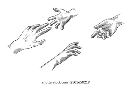 Dibujado a mano Dos manos se acercan. Asistencia y concepto de mano amiga. Ilustración vectorial