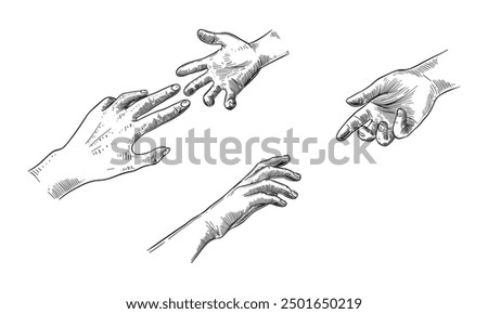 Hand drawn Two hands reach towards each other. Support and helping hand concept. Vector illustration