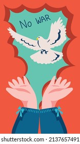 Hand drawn two hands releasing white pegion or dove as sign of peace. Flat vector illustration background