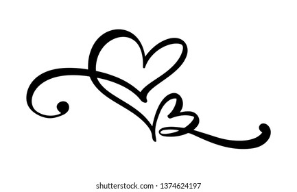 Hand drawn two Heart love sign. Romantic calligraphy vector illustration. Concepn icon symbol for t-shirt, greeting card, poster wedding. Design flat element of valentine day.