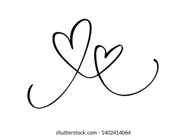 Hand drawn two Heart love sign. Romantic calligraphy vector of valentine day. Concepn icon symbol for t-shirt, greeting card, poster wedding. Design flat element illustration