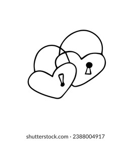 Hand drawn two heart shaped padlocks with a keyholes. Doodle Love symbols holiday clipart. Valentine's Day concept. Isolated on white background