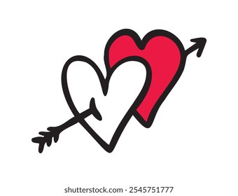 Dibujado a mano dos corazones con el icono de la flecha de amor y el icono del romance. Feliz día de San Valentín dibujando corazones y flechas. Ilustración vectorial