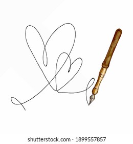 Hand dibujó dos corazones con una pluma estilográfica anticuada aislada de fondo blanco. Señal romántica de amor. La pasión, la boda, el símbolo del día de San Valentín. Plantilla para afiche, banner, tarjeta de saludo.