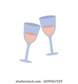 Dibujado a mano dos copas de vacaciones con champán o vino. Colorido Clipart de vacaciones de Vector plano. Aislado sobre fondo blanco.