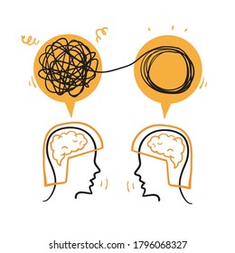 hand drawn Two humans head silhouette psycho therapy concept. Therapist and patient. Vector illustration for psychologist blog or social media post. doodle 