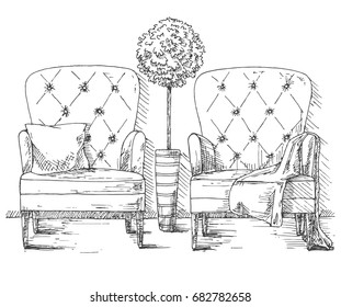 Hand drawn two large soft armchairs. Plant in a tall pot. On one armchair is a plaid, on the second pillow.