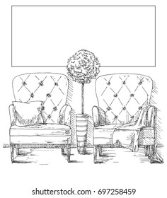 Hand drawn two large soft armchairs. Plant in a tall pot. On one armchair is a plaid, on the second pillow. Frame on the wall for Fitting Your information.