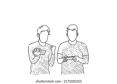 Dibujo manual de dos hombres jugando juntos mientras están de pie. Ganando en un juego de aplicaciones móviles. Diseño de ilustración de vector