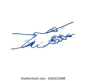 Hand drawn of two person helping and holding hand each other. Teamwork hands gesture sketch concept vector illustration. Isolated design with white background