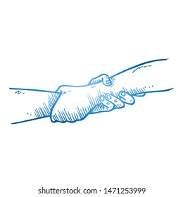 Hand drawn of two person helping and holding hand each other. Teamwork hands gesture sketch concept vector illustration. Isolated design with white background