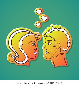 Hand drawn two persons and hearts on green background. 