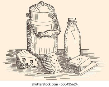Hand drawn two pieces of cheese, butter on the wooden board, bottle with fresh milk and watering can