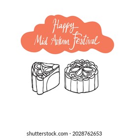Hand drawn two pieces of homemade moon cake on white background. Concept of happy Mid Autumn Festival in China. Vector illustration in doodle art style