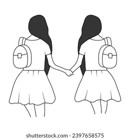 Hand drawn two schoolgirls friends with backpack Vector sketch